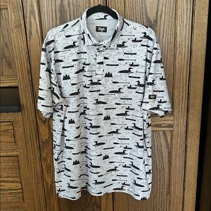 Waggle Short Sleeve Golf Polo Shirt White Black Ducks Canoe Tree Men’s XL